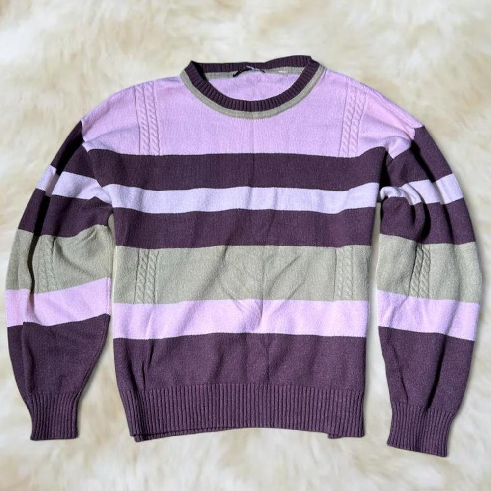 T Tahari Vintage Striped Knit Sweater Pink Brown Green Crew Neck M L Y2K Retro